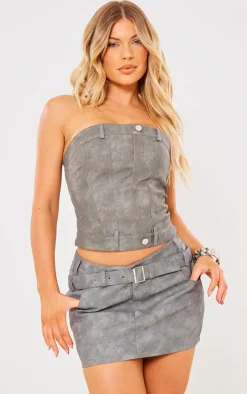 Sale PrettyLittleThing Washed Faux Leather Jean Detail Corset Bandeau Charcoal