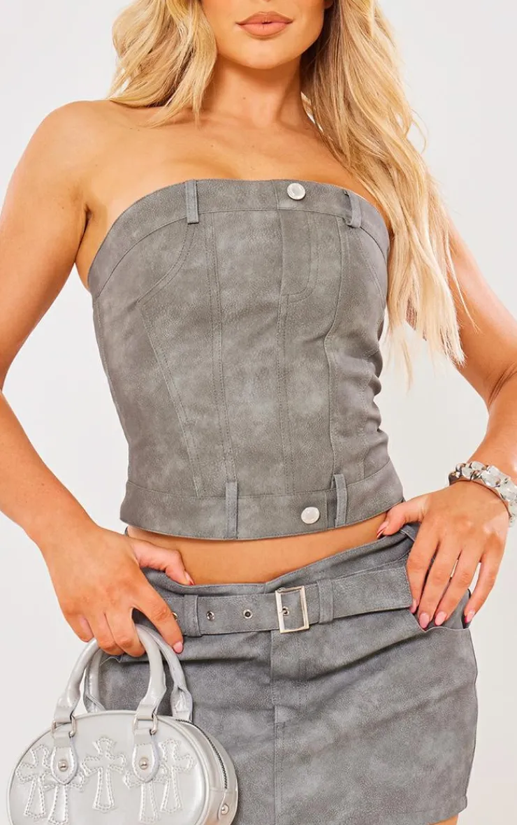 Sale PrettyLittleThing Washed Faux Leather Jean Detail Corset Bandeau Charcoal