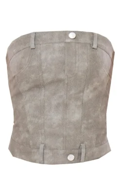 Sale PrettyLittleThing Washed Faux Leather Jean Detail Corset Bandeau Charcoal