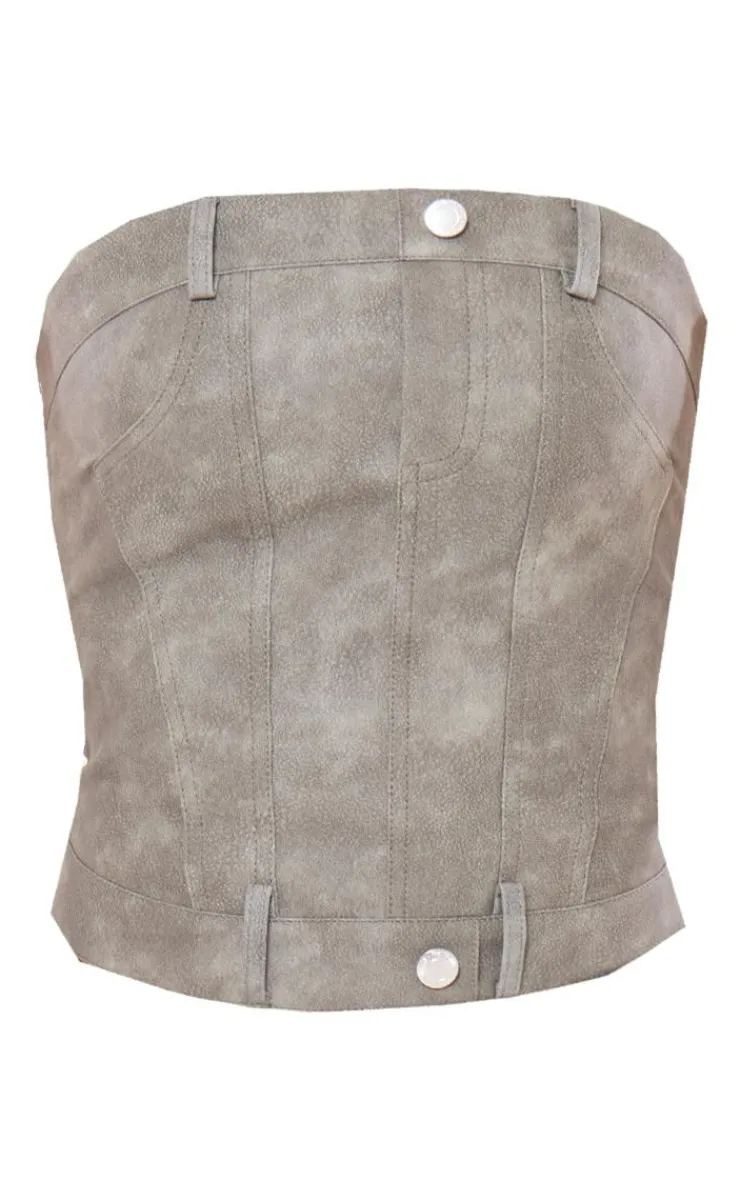 Sale PrettyLittleThing Washed Faux Leather Jean Detail Corset Bandeau Charcoal