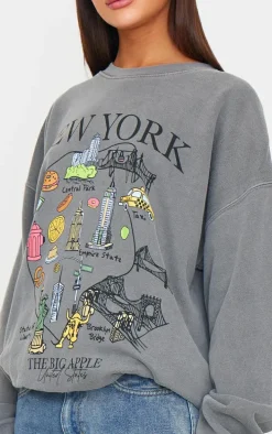 Charcoal Washed New York Map Printed Sweatshirt
