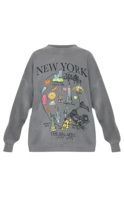 Charcoal Washed New York Map Printed Sweatshirt