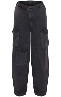 Hot PrettyLittleThing Washed Pocket Detail Wide Leg Cargo Pants Charcoal