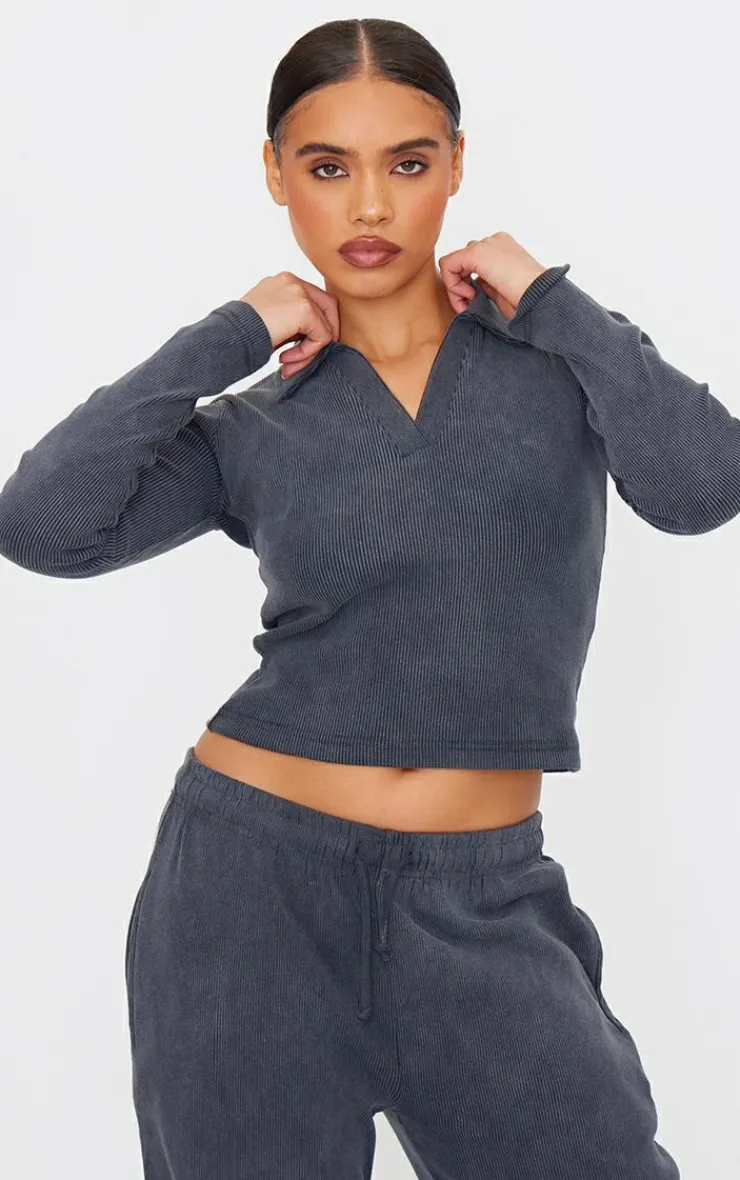 Best PrettyLittleThing Washed Ribbed V Neck Fitted Long Sleeve Top Charcoal