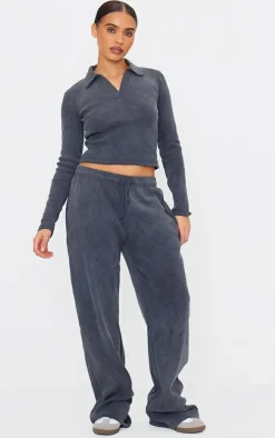 Best PrettyLittleThing Washed Ribbed V Neck Fitted Long Sleeve Top Charcoal