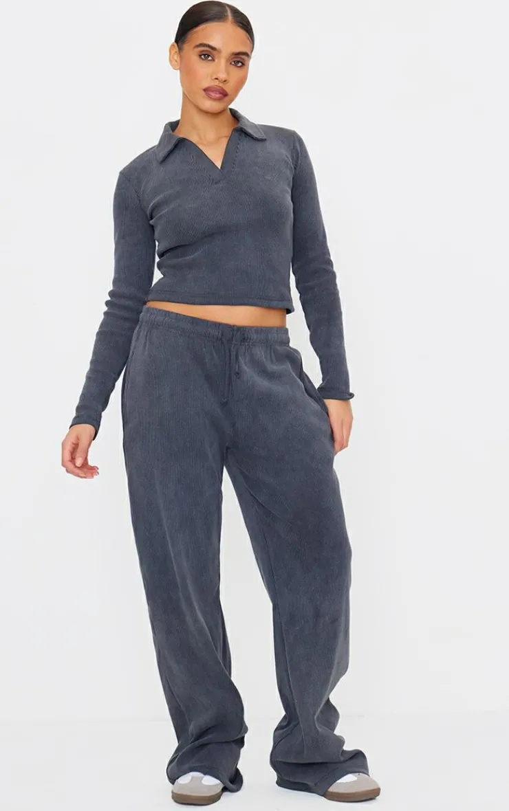 Best PrettyLittleThing Washed Ribbed V Neck Fitted Long Sleeve Top Charcoal