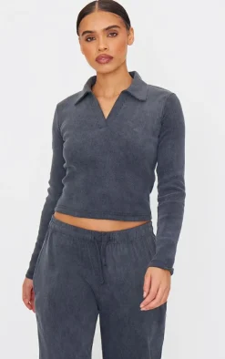 Best PrettyLittleThing Washed Ribbed V Neck Fitted Long Sleeve Top Charcoal