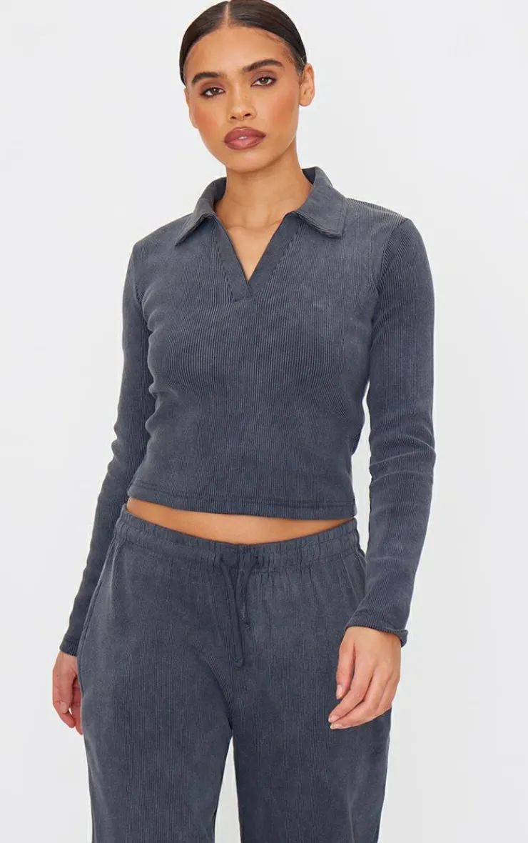 Best PrettyLittleThing Washed Ribbed V Neck Fitted Long Sleeve Top Charcoal