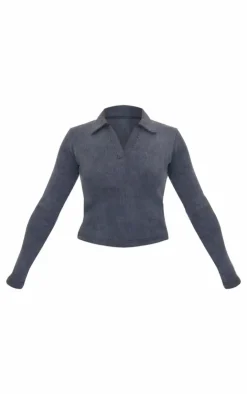 Best PrettyLittleThing Washed Ribbed V Neck Fitted Long Sleeve Top Charcoal