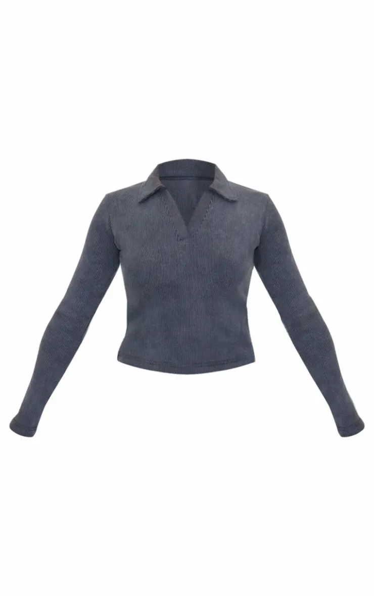 Best PrettyLittleThing Washed Ribbed V Neck Fitted Long Sleeve Top Charcoal