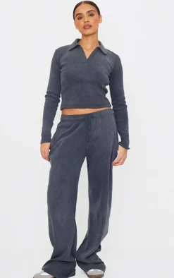 PrettyLittleThing Washed Ribbed Wide Leg Pants Charcoal
