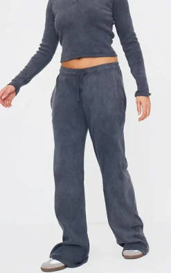 PrettyLittleThing Washed Ribbed Wide Leg Pants Charcoal