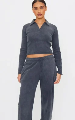 PrettyLittleThing Washed Ribbed Wide Leg Pants Charcoal