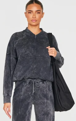 Hot PrettyLittleThing Washed Seam Detail Zip Up Bomber Style Sweatshirt Charcoal