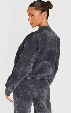 Hot PrettyLittleThing Washed Seam Detail Zip Up Bomber Style Sweatshirt Charcoal