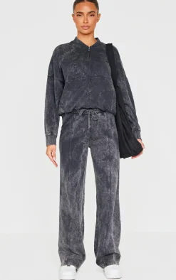 Hot PrettyLittleThing Washed Seam Detail Zip Up Bomber Style Sweatshirt Charcoal