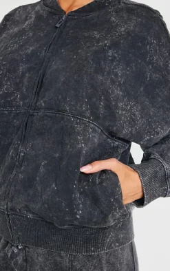 Hot PrettyLittleThing Washed Seam Detail Zip Up Bomber Style Sweatshirt Charcoal