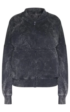 Hot PrettyLittleThing Washed Seam Detail Zip Up Bomber Style Sweatshirt Charcoal