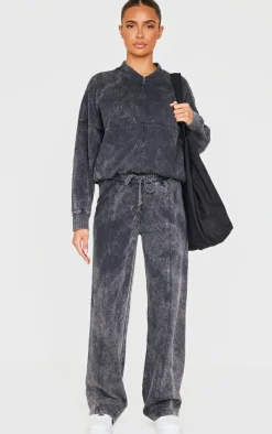 Online PrettyLittleThing Washed Seam Detail Wide Leg Sweatpants Charcoal