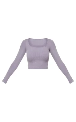 Discount PrettyLittleThing Washed Snatched Rib Long Sleeve Top Charcoal
