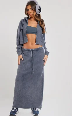PrettyLittleThing Washed Split Hem Low Rise Maxi Skirt Charcoal