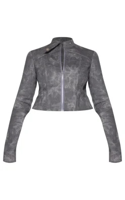 New PrettyLittleThing Washed Twill Biker Jacket Charcoal