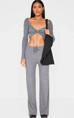 Best PrettyLittleThing Wide Leg Brushed Rib Drawstring Pants Charcoal