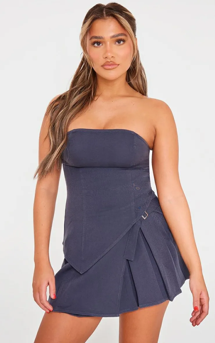 Sale PrettyLittleThing Woven Bandeau Seam Detail Asymmetric Hem Top Charcoal