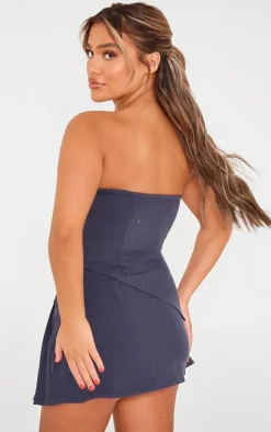 Sale PrettyLittleThing Woven Bandeau Seam Detail Asymmetric Hem Top Charcoal