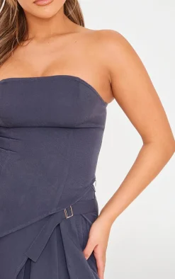 Sale PrettyLittleThing Woven Bandeau Seam Detail Asymmetric Hem Top Charcoal