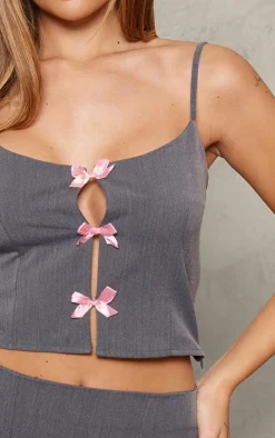 Clearance PrettyLittleThing Woven Bow Detail Scooped Neck Crop Top Charcoal