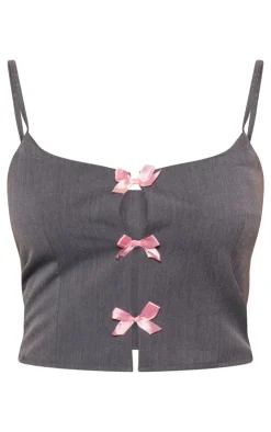 Clearance PrettyLittleThing Woven Bow Detail Scooped Neck Crop Top Charcoal