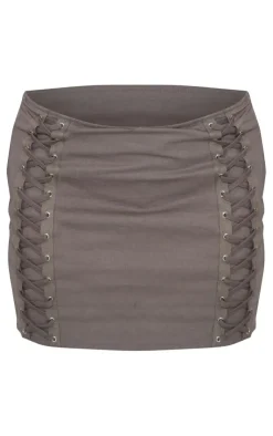 Sale PrettyLittleThing Woven Lace Up Detail Mini Skirt Charcoal