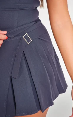 New PrettyLittleThing Woven Pleated Buckle Front Micro Mini Skirt Charcoal
