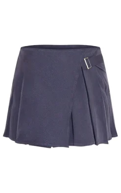 New PrettyLittleThing Woven Pleated Buckle Front Micro Mini Skirt Charcoal