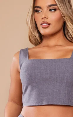 Hot PrettyLittleThing Woven Square Neck Corset Top Charcoal