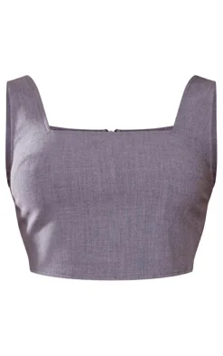 Hot PrettyLittleThing Woven Square Neck Corset Top Charcoal