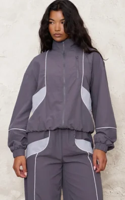 Best PrettyLittleThing Zip Through Shell Contrast Binding Track Top Charcoal