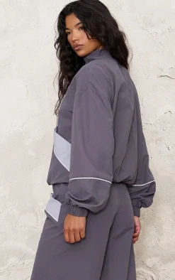 Best PrettyLittleThing Zip Through Shell Contrast Binding Track Top Charcoal