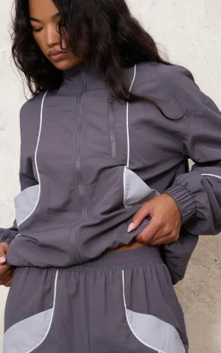 Best PrettyLittleThing Zip Through Shell Contrast Binding Track Top Charcoal