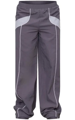 Discount PrettyLittleThing Zip Through Shell Contrast Binding Wide Leg Sweatpant Charcoal