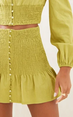 Outlet PrettyLittleThing Linen Look Button Up Shirred Mini Skirt Chartreuse