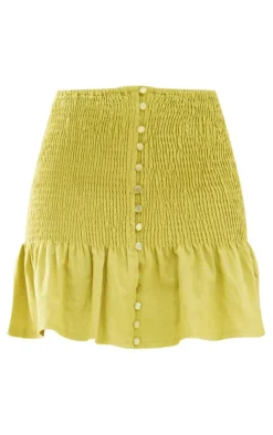 Outlet PrettyLittleThing Linen Look Button Up Shirred Mini Skirt Chartreuse