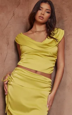 Clearance PrettyLittleThing Satin Cowl Neck Top Chartreuse