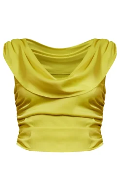 Clearance PrettyLittleThing Satin Cowl Neck Top Chartreuse