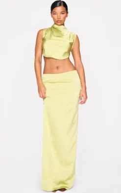 PrettyLittleThing Satin Mid Rise Maxi Skirt Chartreuse