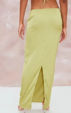 PrettyLittleThing Satin Mid Rise Maxi Skirt Chartreuse