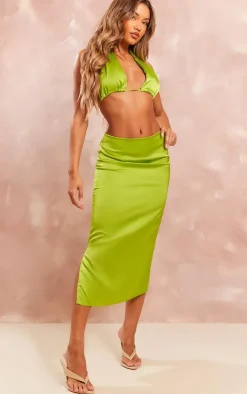 Hot PrettyLittleThing Satin Tie Front Triangle Bralet Chartreuse