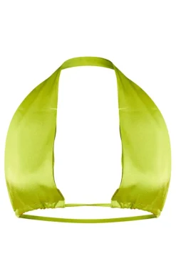 Hot PrettyLittleThing Satin Tie Front Triangle Bralet Chartreuse