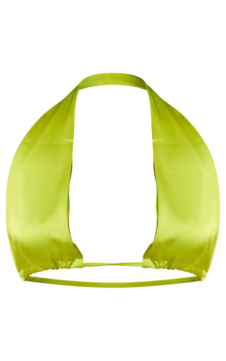 Hot PrettyLittleThing Satin Tie Front Triangle Bralet Chartreuse